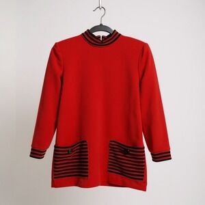 Vintage Red Mini Dress / Tunic With Black‎ Striped Collar & Pockets Long Sleeves